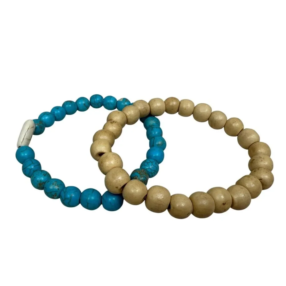Boho Turquoise Wood Beaded Stretch Bracelet Set Stacking Beach Jewelry